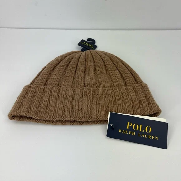 POLO RALPH LAUREN, LIGHT BROWN BEANIE, ONE SIZE FITS, 50% WOOL 50% NYLON, UNISEX - Picture 17 of 17